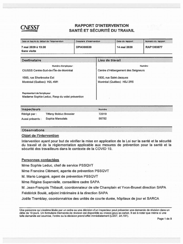Rapport d'intervention COVID-19 CNESST | PDF | Santé publique | Médecine
