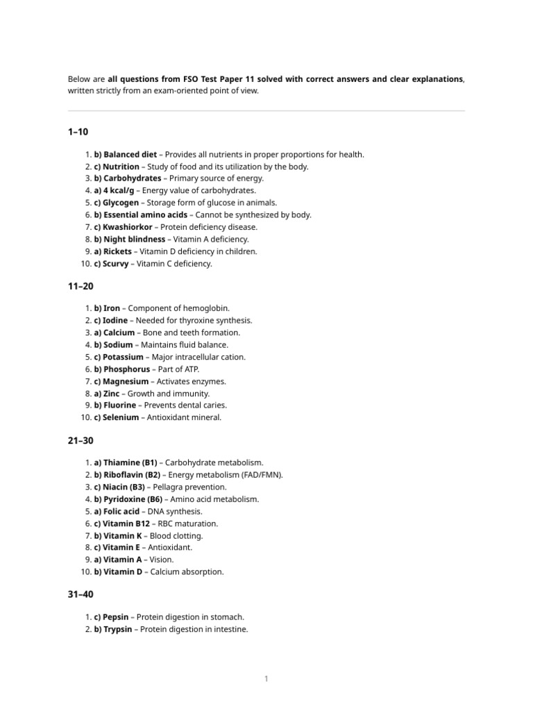 FSO Test Paper 11: Solved Questions Guide | PDF | Digestion | Vitamin