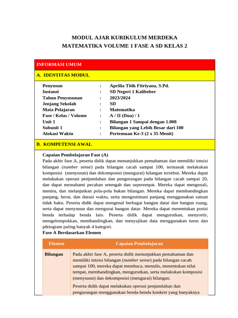 Modul Ajar Matematika SD Kelas 2 | PDF