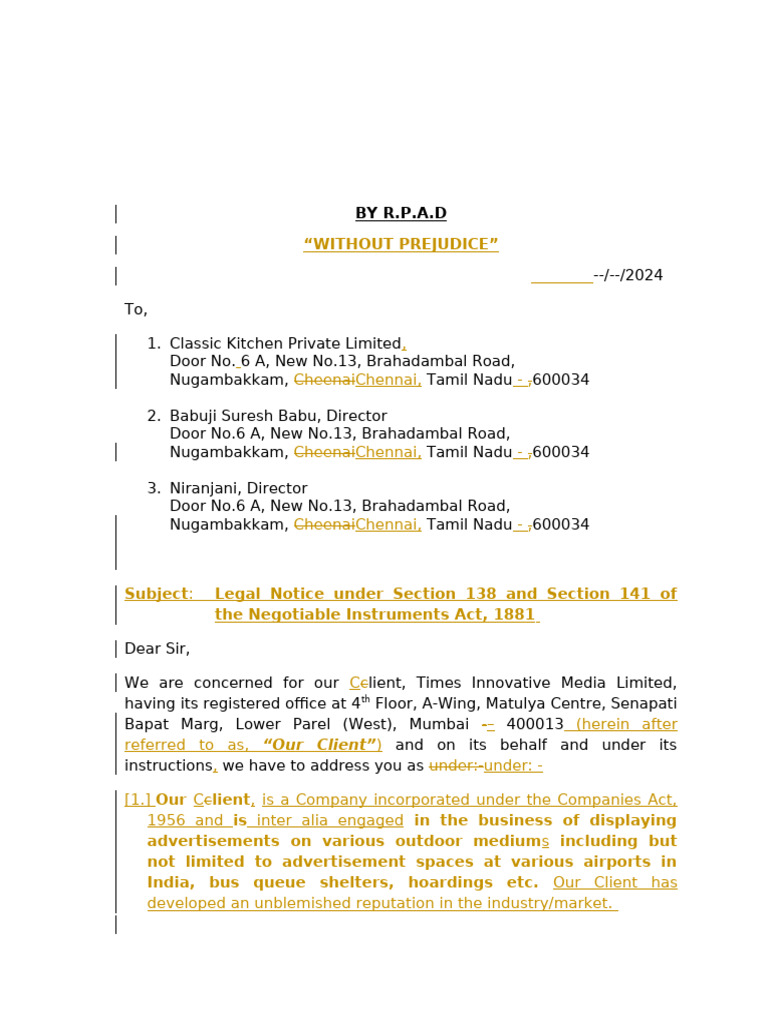Classic Kitchen - Section 138 Notice Draft | PDF | Cheque | Payments