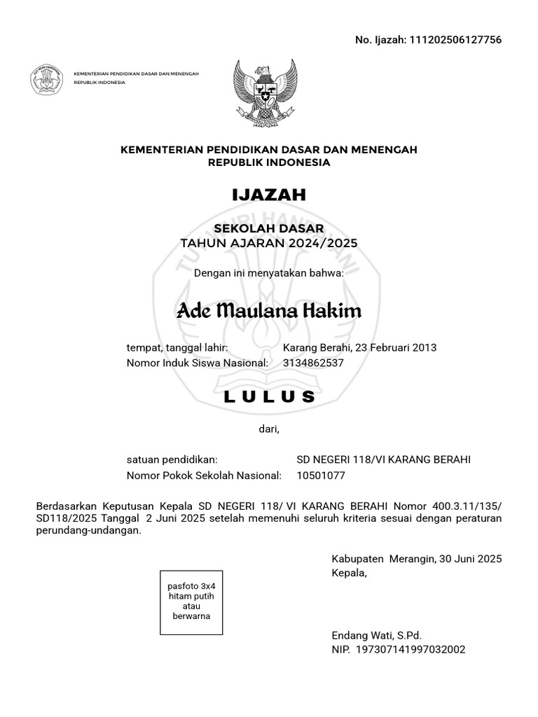 Ijazah SD 2024/2025 Karang Berahi | PDF