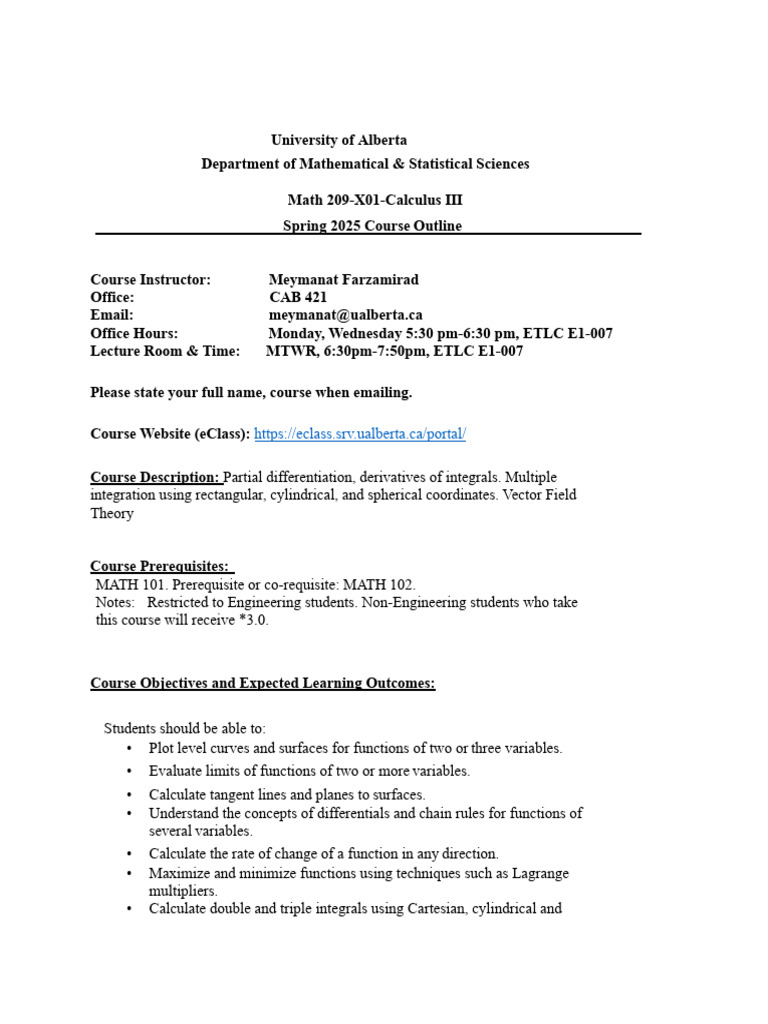 Calculus III Course Outline - Spring 2025 | PDF | Integral | Derivative