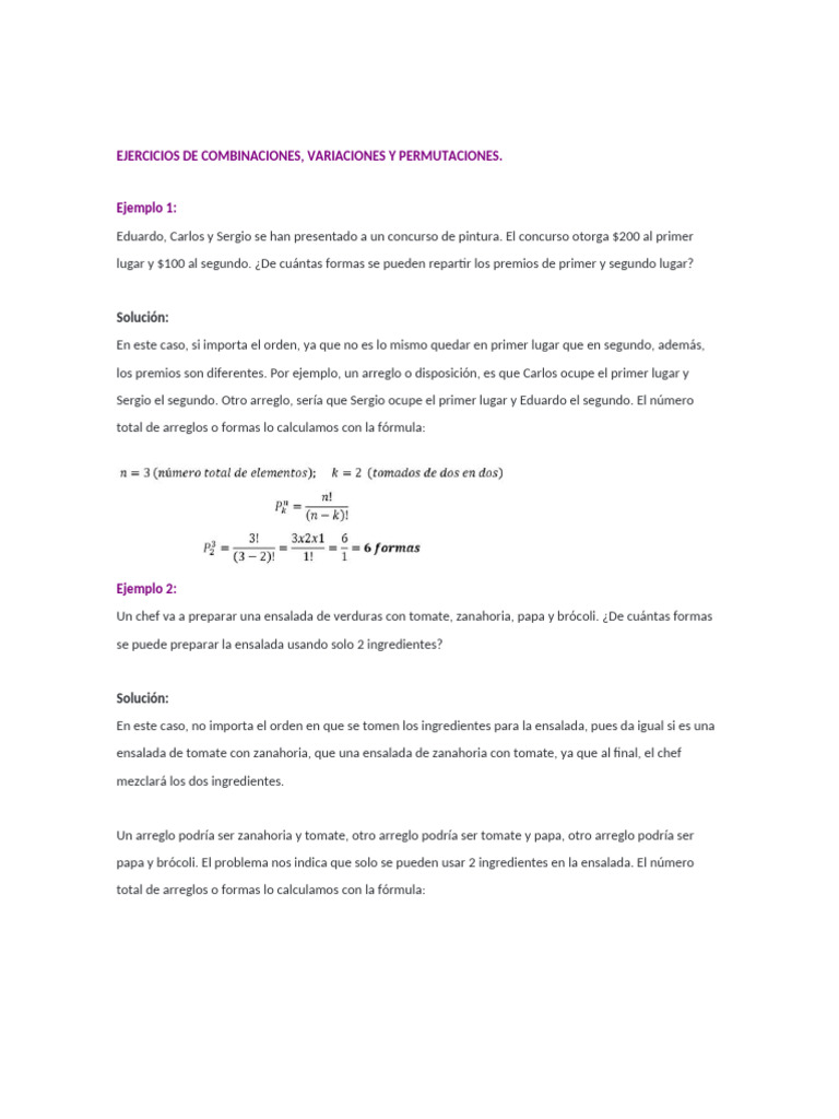 Ejercicios de Combinaciones, Variaciones y Permutaciones | PDF | ensalada
