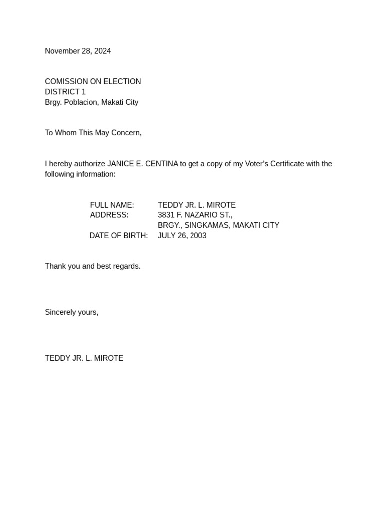 Voter's Certificate Authorization Letter | PDF