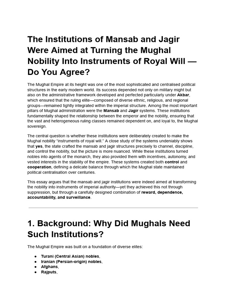 Mansab and Jagir: Mughal Nobility Control | PDF