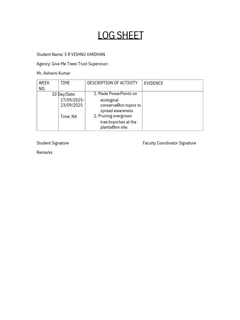 Student Activity Log for Ecological Conservation | PDF