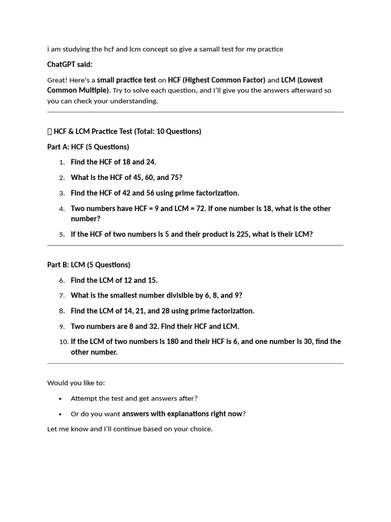 HCF and LCM Practice Test Questions | PDF