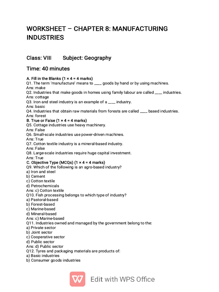 Chapter 8: Manufacturing Industries Worksheet | PDF | Raw Material ...