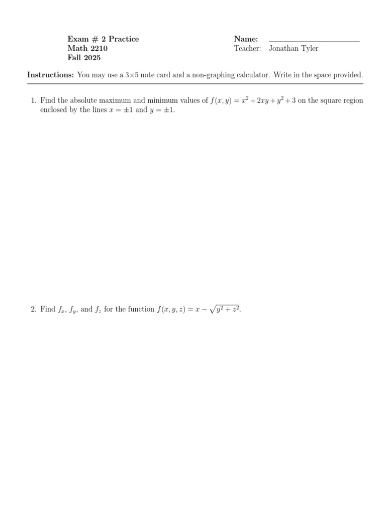 Math 2210 Exam #2 Practice Problems | PDF