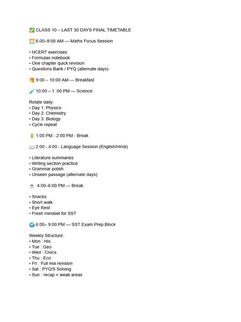 Class 10 Final 30-Day Study Plan | PDF