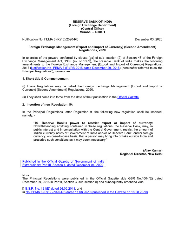 RBI Currency Export Import Amendment 2020 | PDF