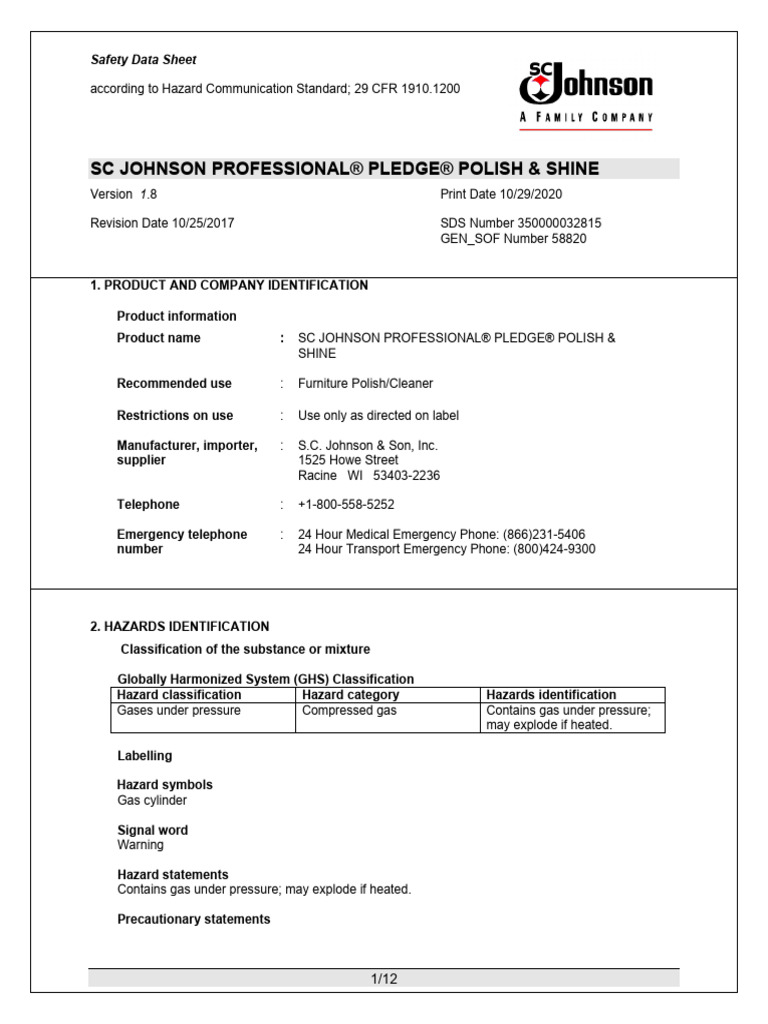 SC Johnson Pledge Polish SDS Document | PDF | Toxicity | Safety