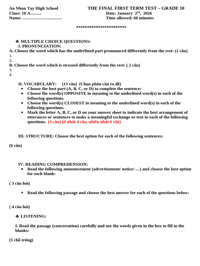 Grade 10 Final Exam: First Term Test | PDF