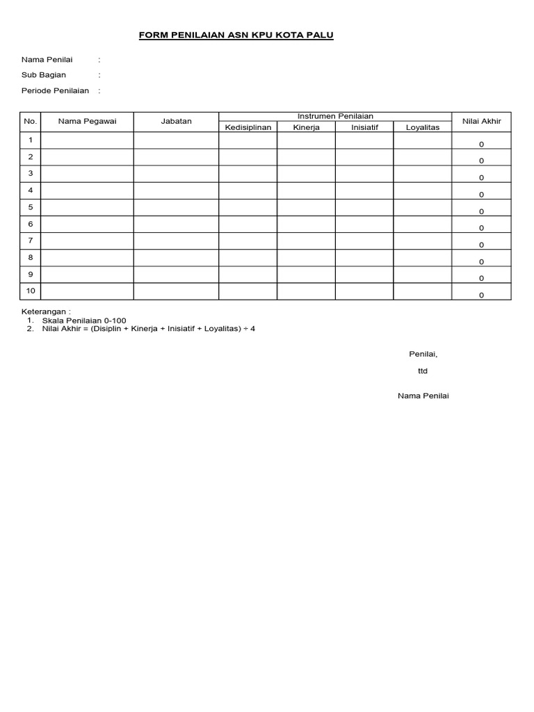 Form Penilaian ASN KPU Palu | PDF