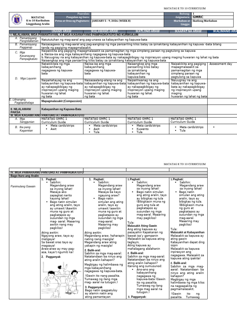 DLL Matatag GMRC 1 q3 w8 | PDF