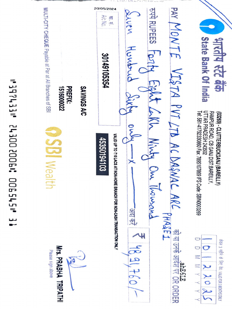 SBI Cheque Payment Details Document | PDF