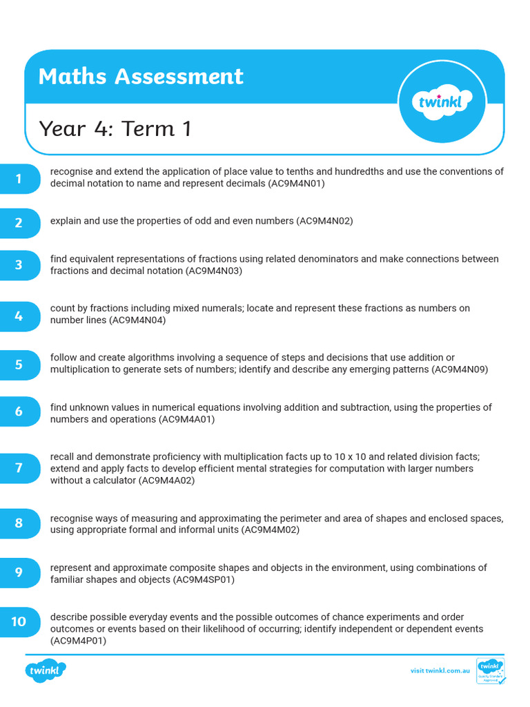 Year 4 Maths Assessment Term 1 | PDF | Numbers | Mathematics