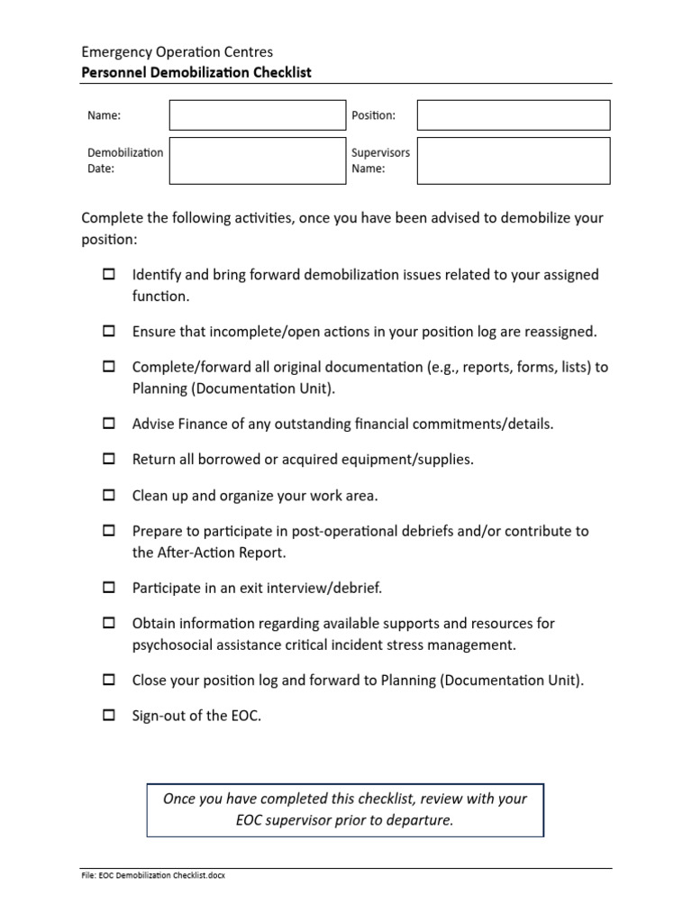 EOC Personnel Demobilization Checklist | PDF