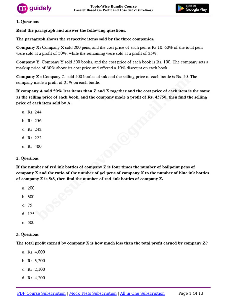 Profit and Loss Caselet Questions | PDF | Pricing | Business Economics