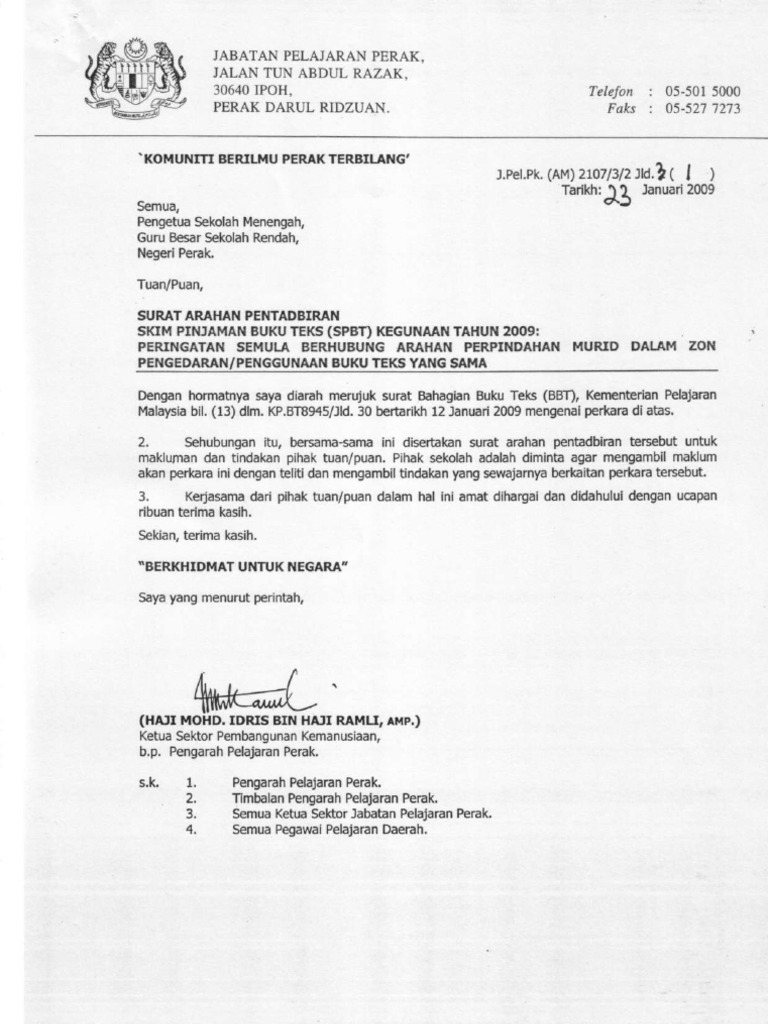 Contoh Surat Lantikan Penyelaras Spbt