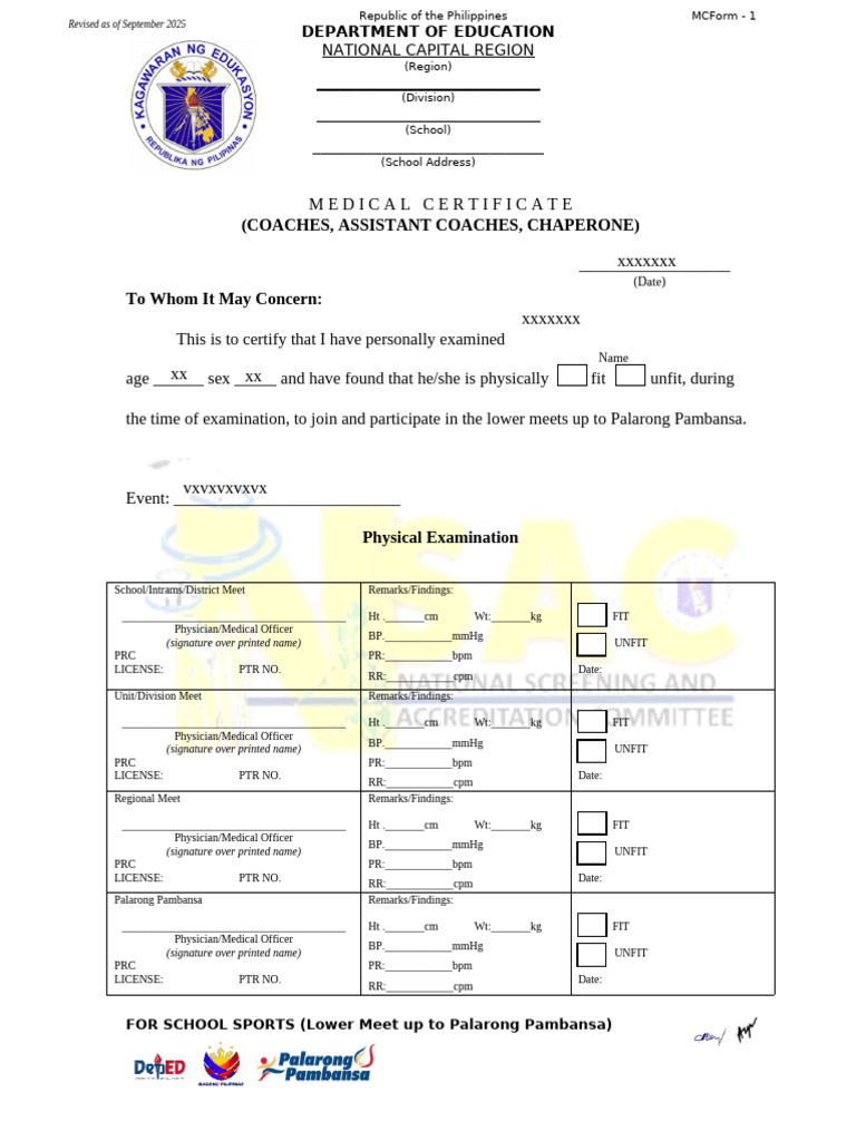 Medical Form 1 For Coaches, Asst Coaches, Chaperones - v2025 | PDF ...