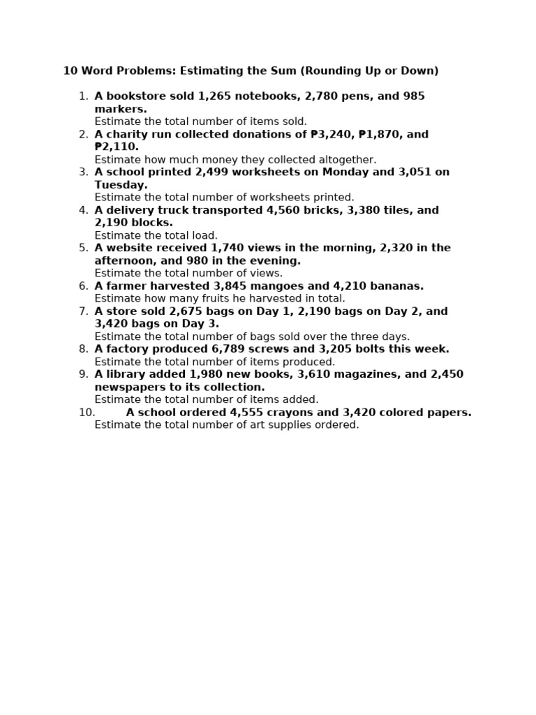 Estimating Sums: 10 Word Problems | PDF