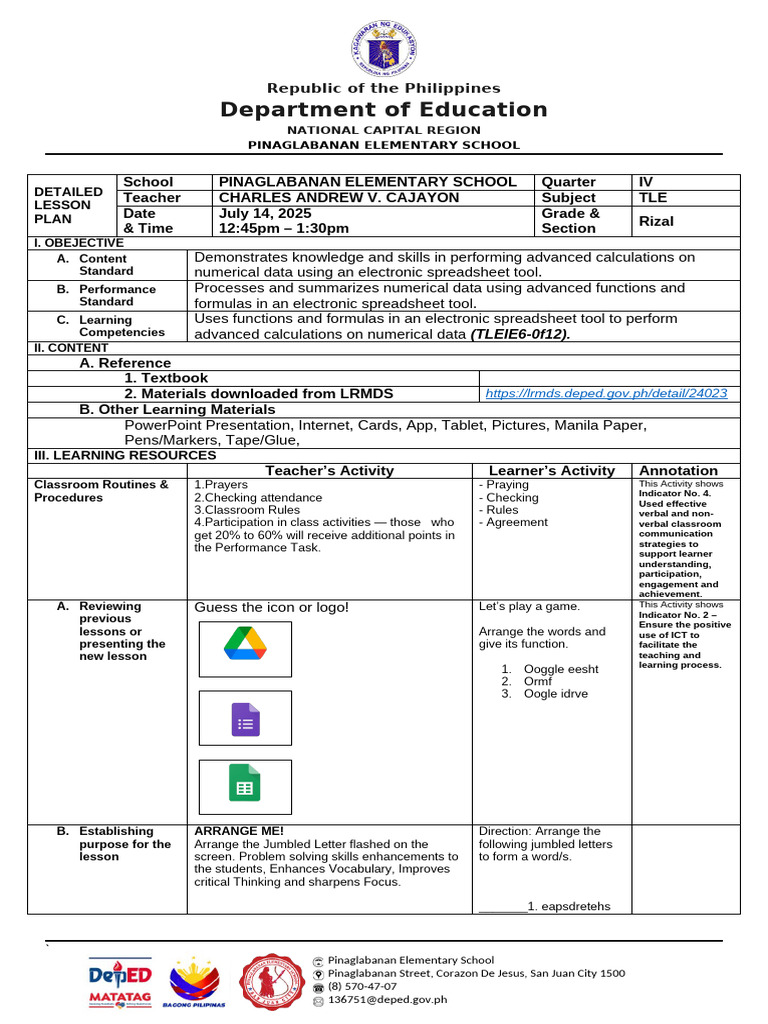 Advanced Excel Lesson Plan for TLE | PDF | Microsoft Excel | Spreadsheet