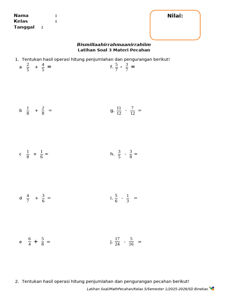 Latihan Soal Pecahan Kelas 5 SD | PDF