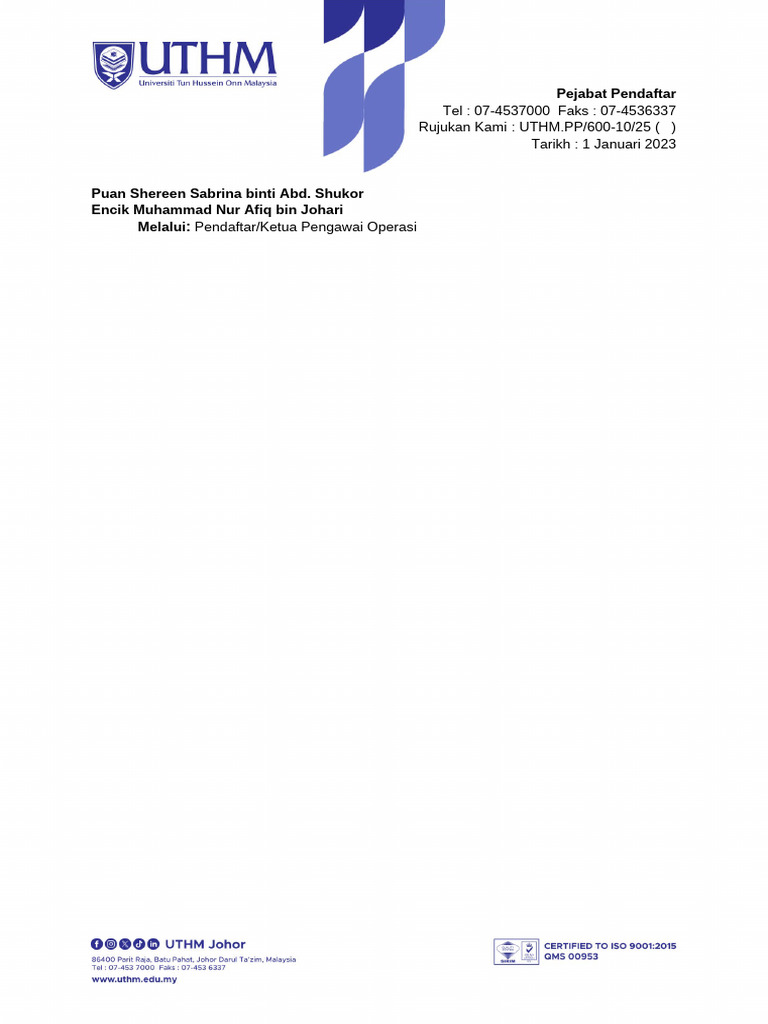 Kontak Pejabat Pendaftar UTHM | PDF