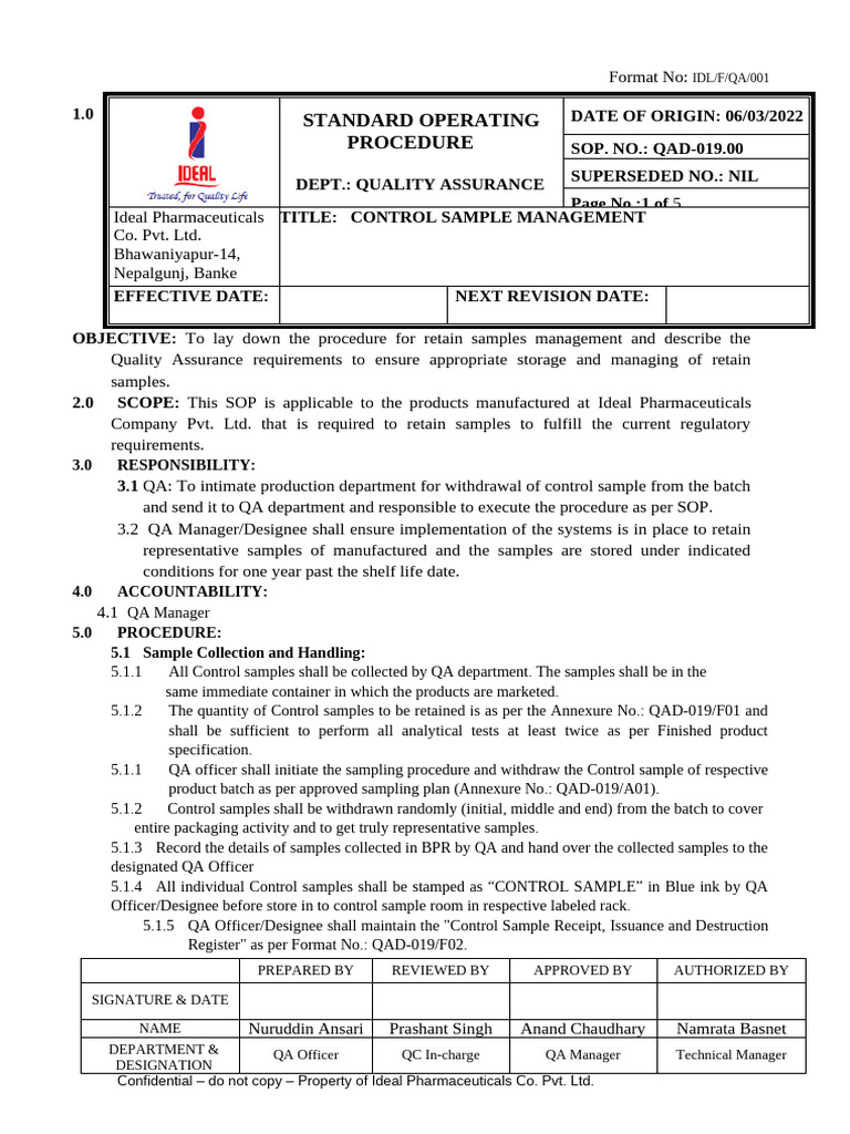 Control Sample Management SOP | PDF | Quality Assurance