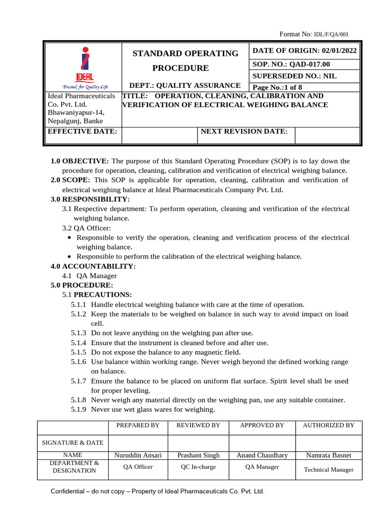 Weighing Balance SOP: Operation & Calibration | PDF | Verification And ...