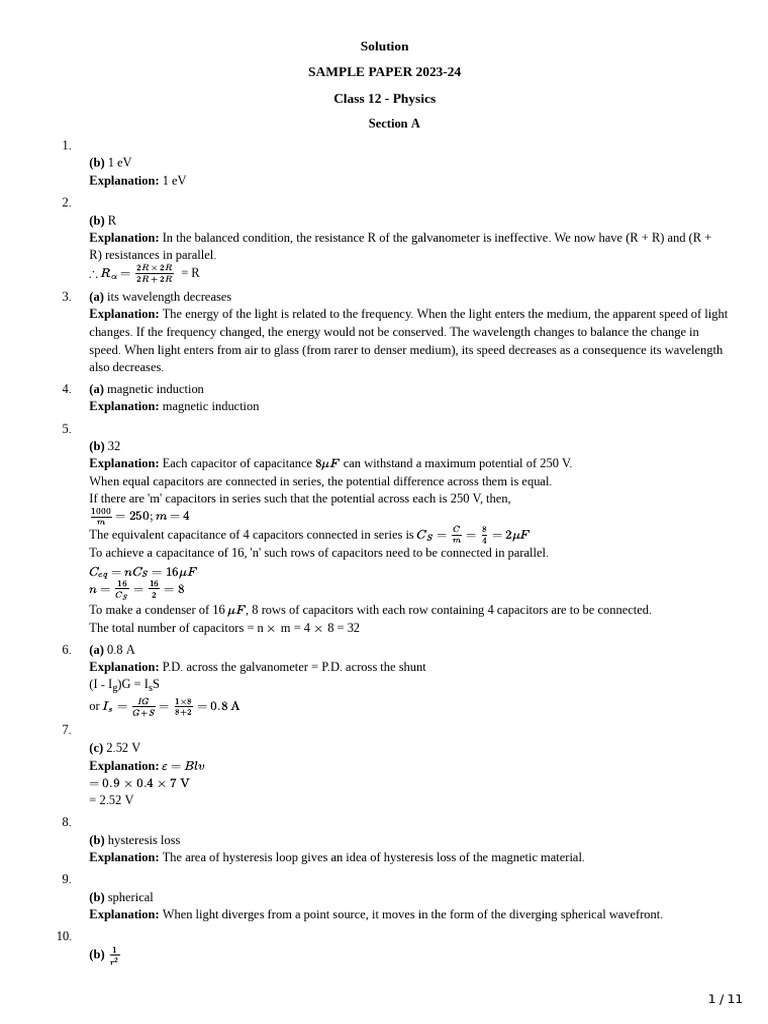 Class 12 Physics Sample Paper 2023-24 | PDF | Nuclear Force | Atomic ...