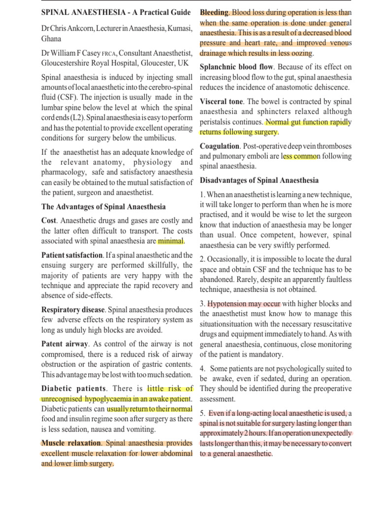 Spinal Anaesthesia: Benefits & Risks Guide | PDF | Anesthesia ...