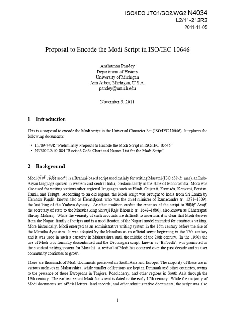 Encode Modi Script in ISO/IEC 10646 | PDF | Writing | Linguistics