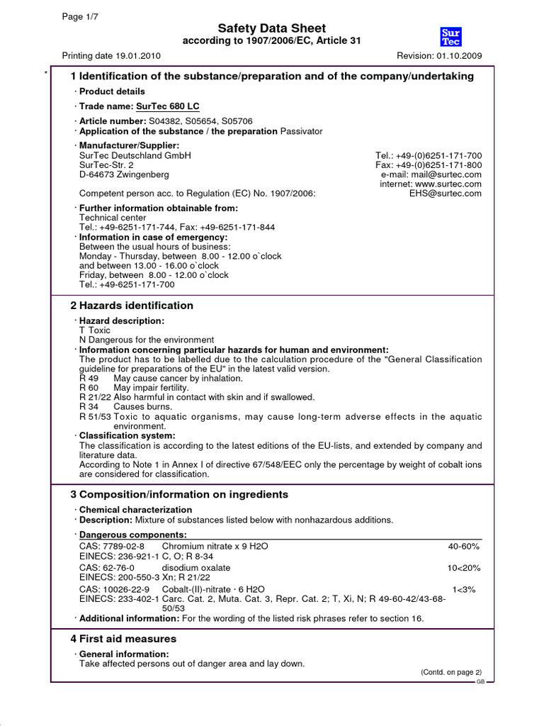 SurTec 680 LC Safety Data Sheet | PDF | Dangerous Goods | Toxicity
