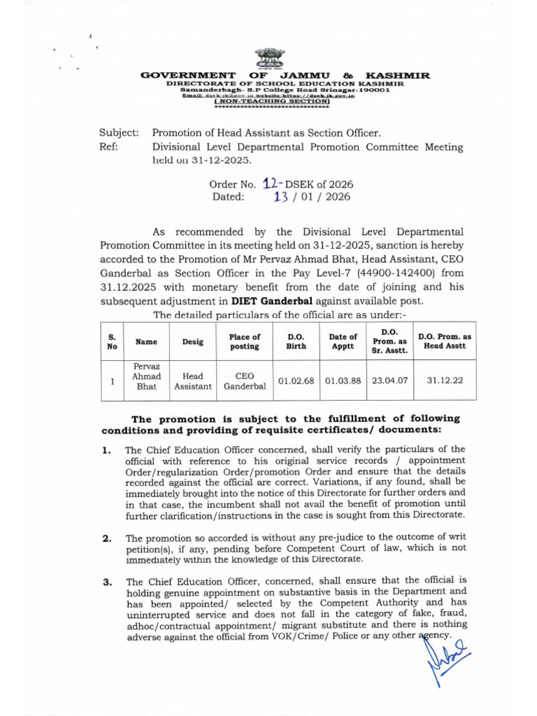 Promotion of Head Assistant As Section Officer - Parvez Ahmad Bhat | PDF
