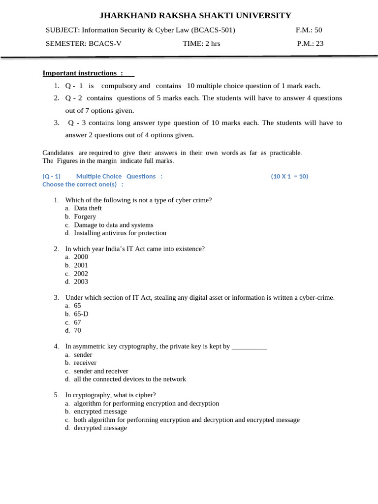 Cyber Law Exam Guide: Questions & Answers | PDF | Encryption | Public ...