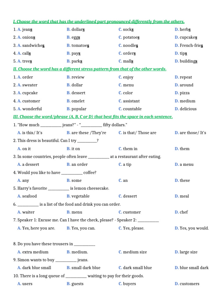 1 (SW6) U5 Test | PDF | Meal | Foods