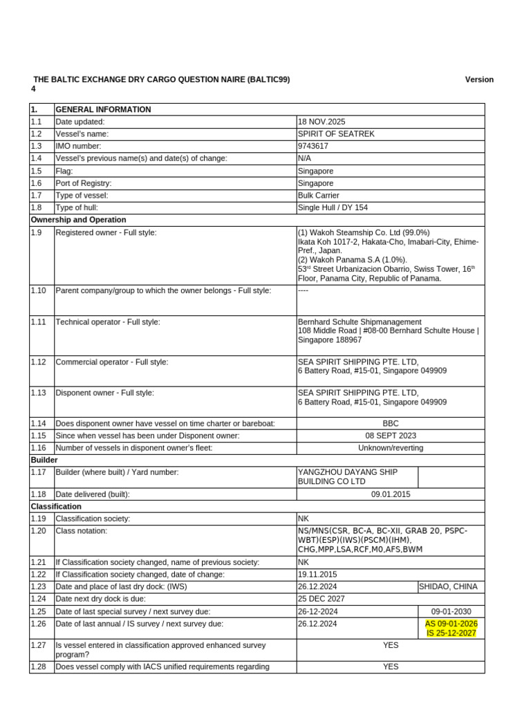 Baltic Exchange Dry Cargo Questionnaire | PDF | Tonnage | Crane (Machine)