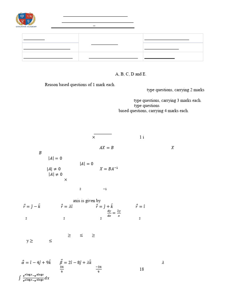 Set A Prelims Mathematics Class XII CBSE | PDF | Matrix (Mathematics ...