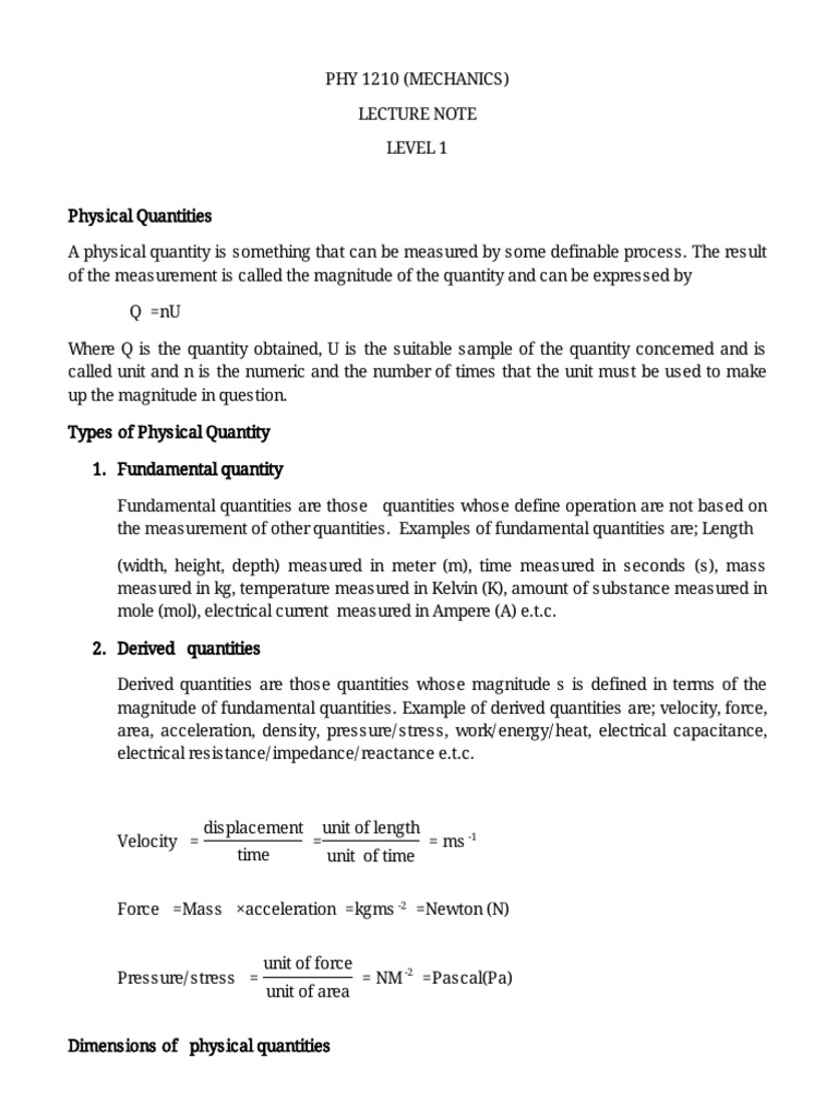 Understanding Physical Quantities in Mechanics | PDF
