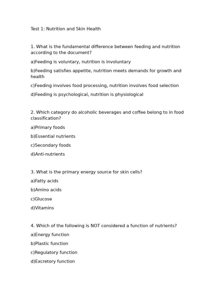 Test 1 - Nutrition and Skin Health | PDF | Nutrients | Foods