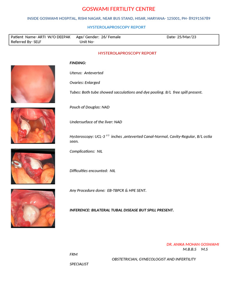 Hysteroscopy Report for Infertility Case | PDF