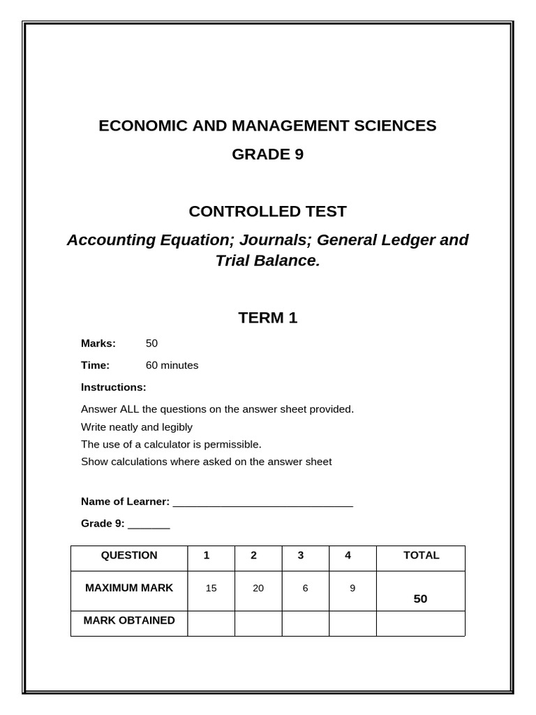 Grade 9 Accounting Test: Journals & Equations | PDF | Debits And ...