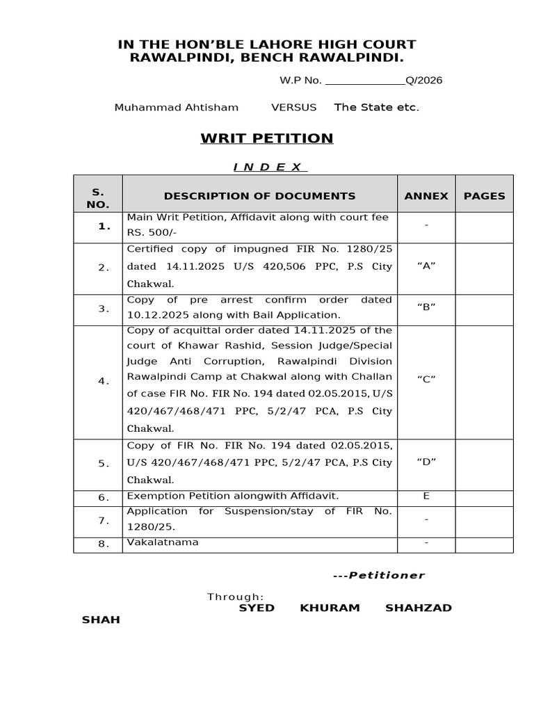 Lahore High Court Writ Petition Details | PDF
