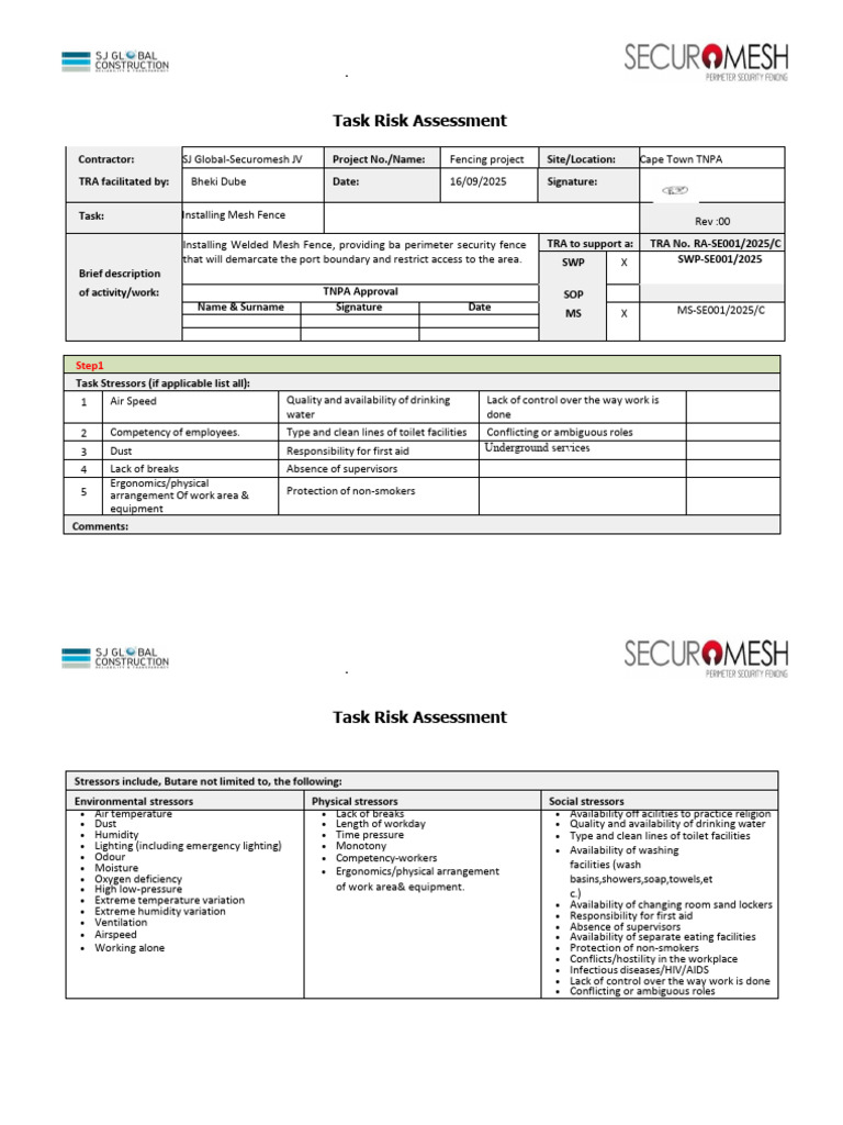 Task Risk Assessment for Fence Installation | PDF | Risk | Occupational ...