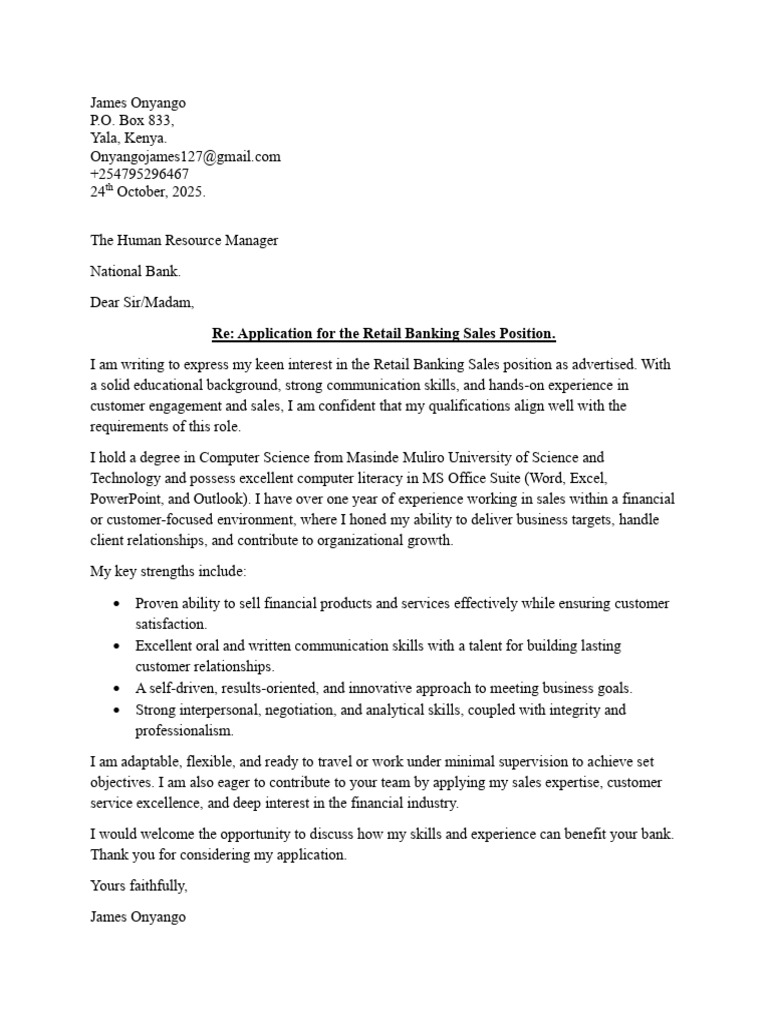 Retail Banking Sales Application Letter | PDF