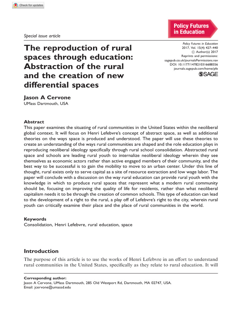 Cervone 2017 The Reproduction of Rural Spaces Through Education ...