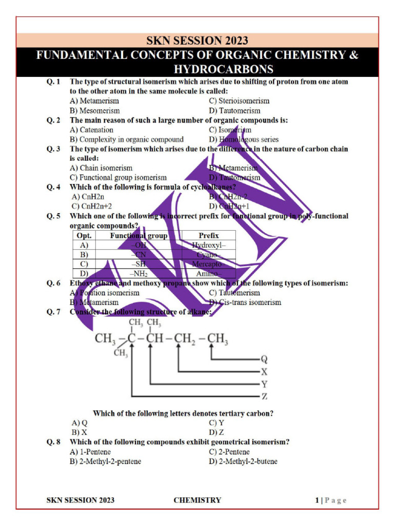 Organic Chemistry Chapter 6 & 7 Worksheet by SKN 2023 | PDF