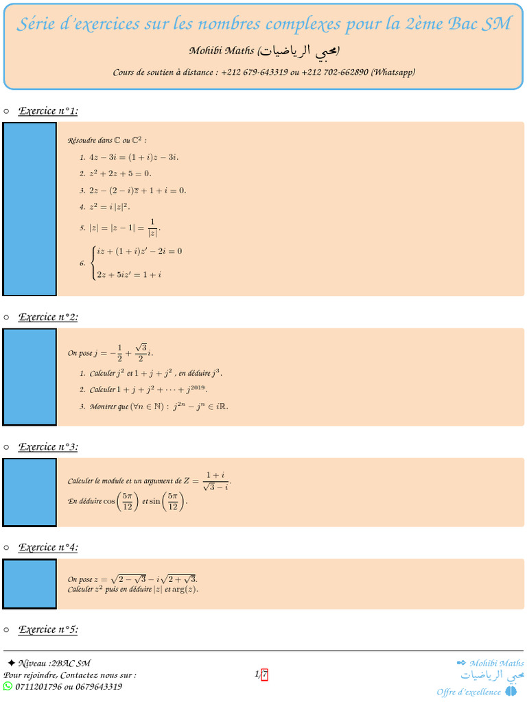 Exercices de Nombres Complexes 2BAC SM | PDF | Mathématiques | Analyse ...